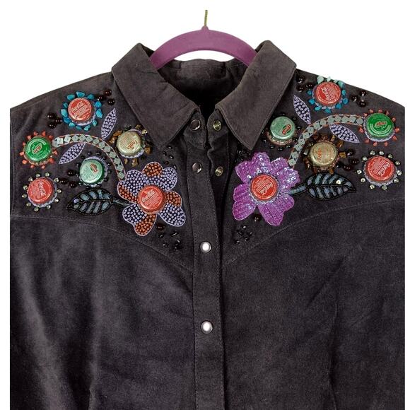 Double D Ranch Jackets & Blazers - Double D Ranch Vintage Leather Shirt Jacket Women L Purple Bottle Cap Pearl Snap